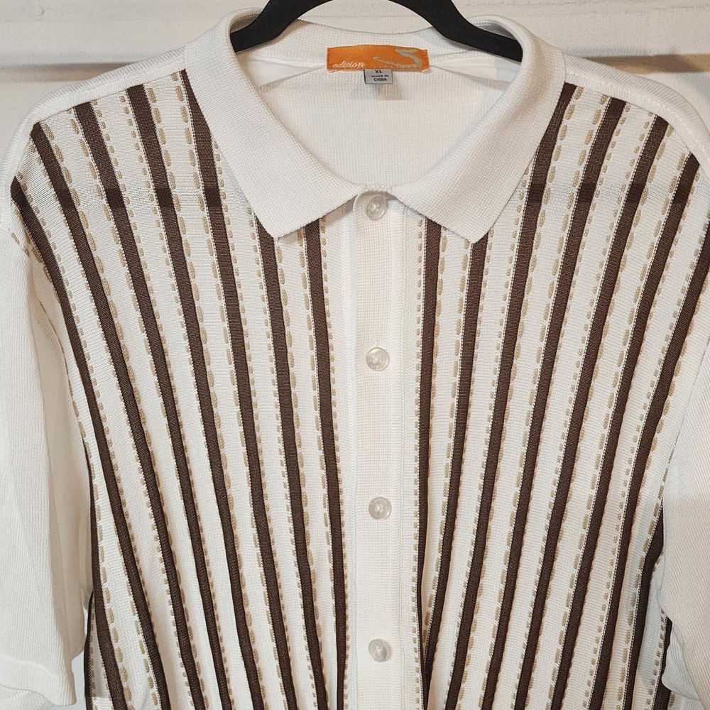 90's Edition Seven Striped Knit Button Down Short Sleeve Shirt Lightweight Brown - Picture 2 of 8